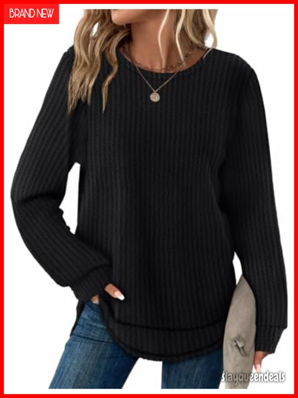 Waffle Knit Long Sleeve Tunic Top Curved Hem Crewneck Casual Fall Shirt